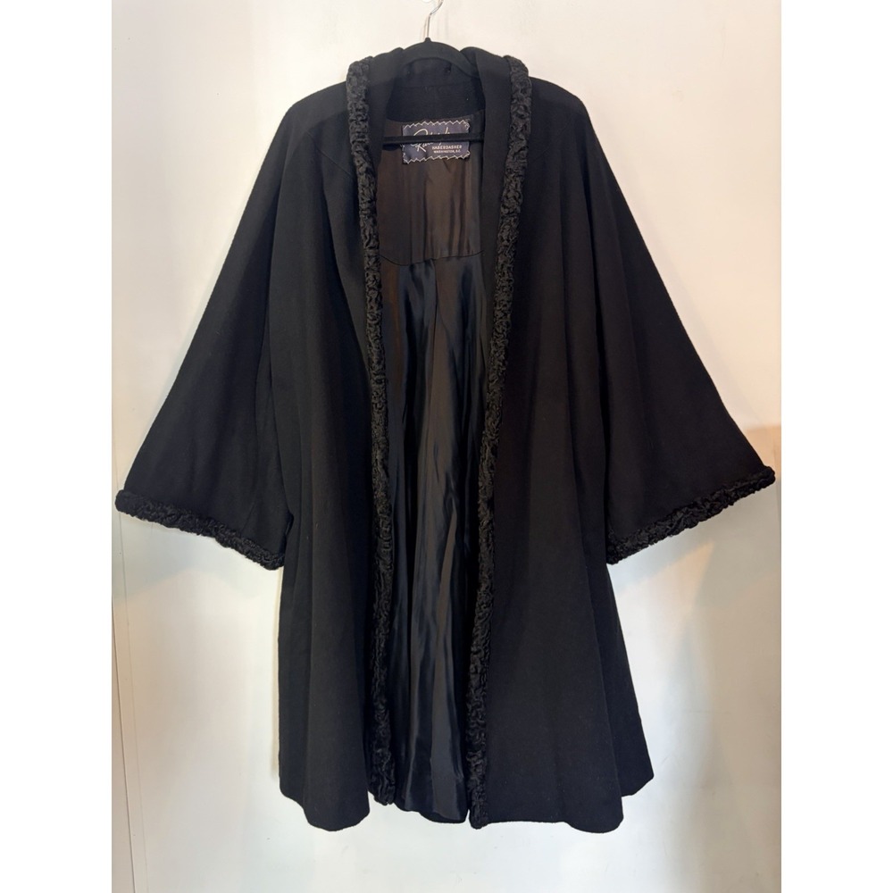 Vintage 50s Raleigh Haberdasher Black Swing Coat Persian Lamb Trim XL